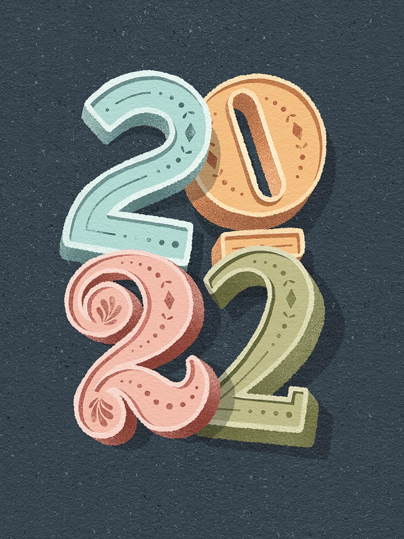 Hand lettered 3D numbers 2022 in pastel colors.