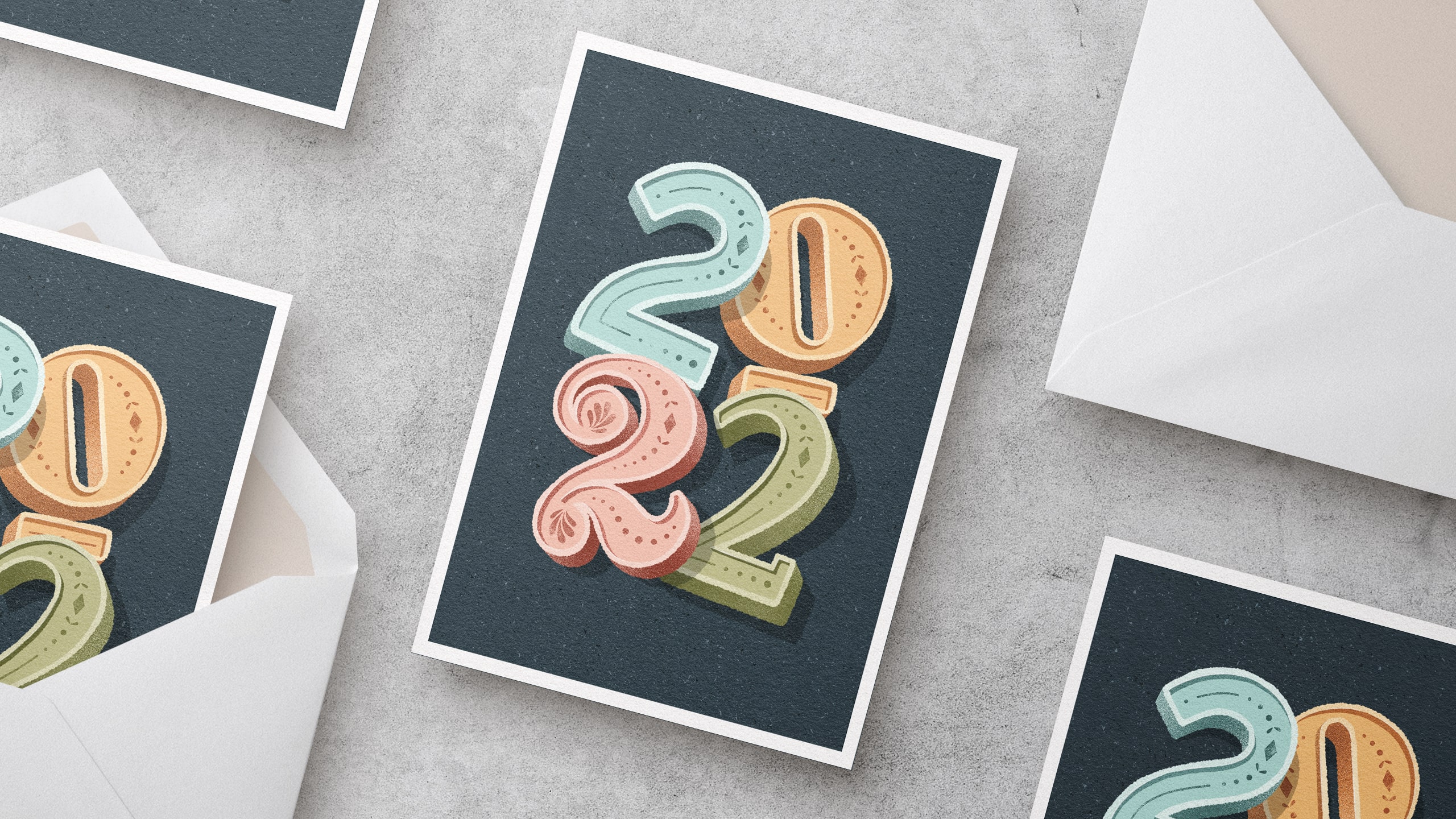 Handlettered Postcard with 3D numbers "2022" with envelopes.