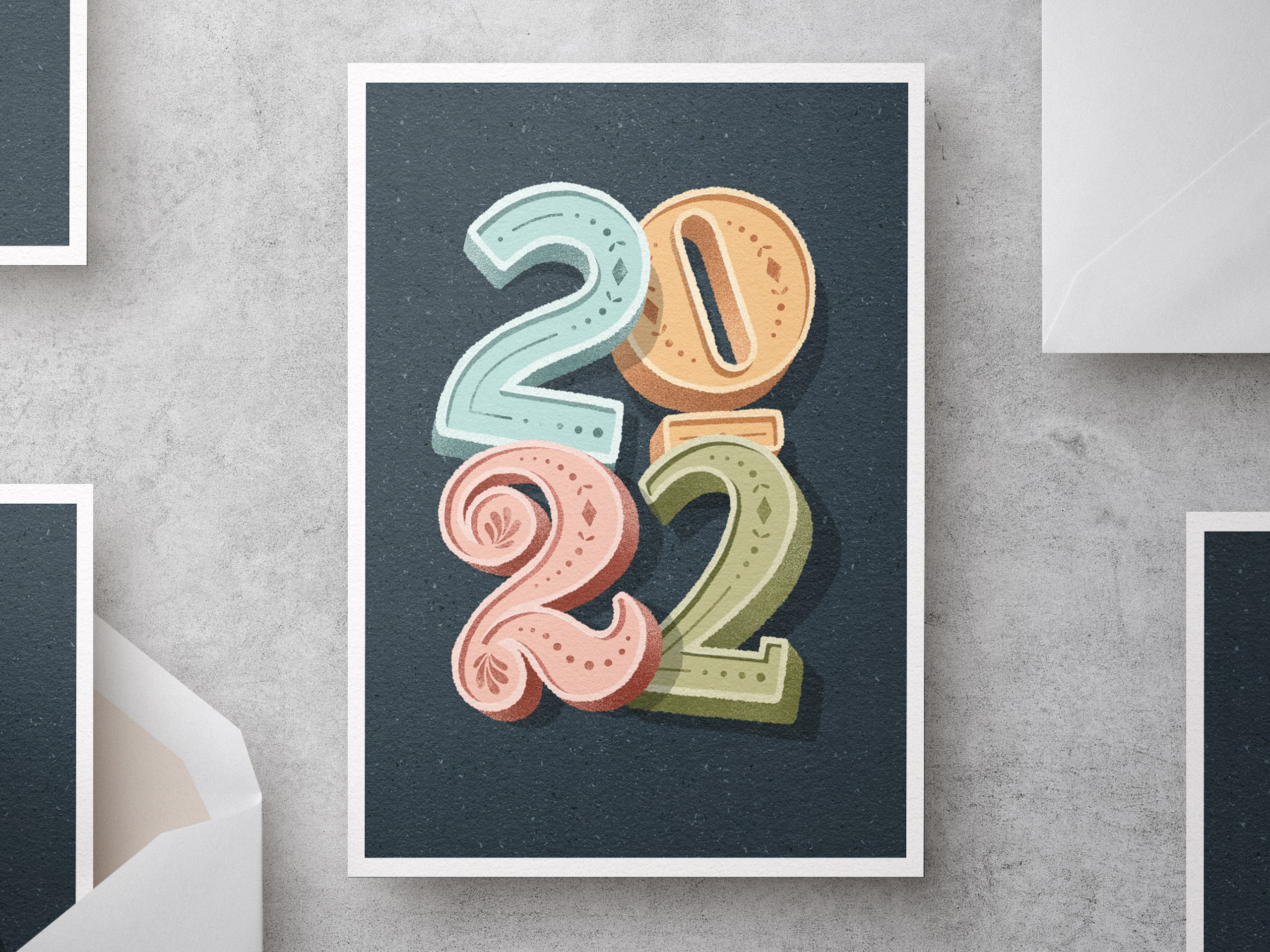 Handlettered Postcard with 3D numbers "2022" with envelopes.