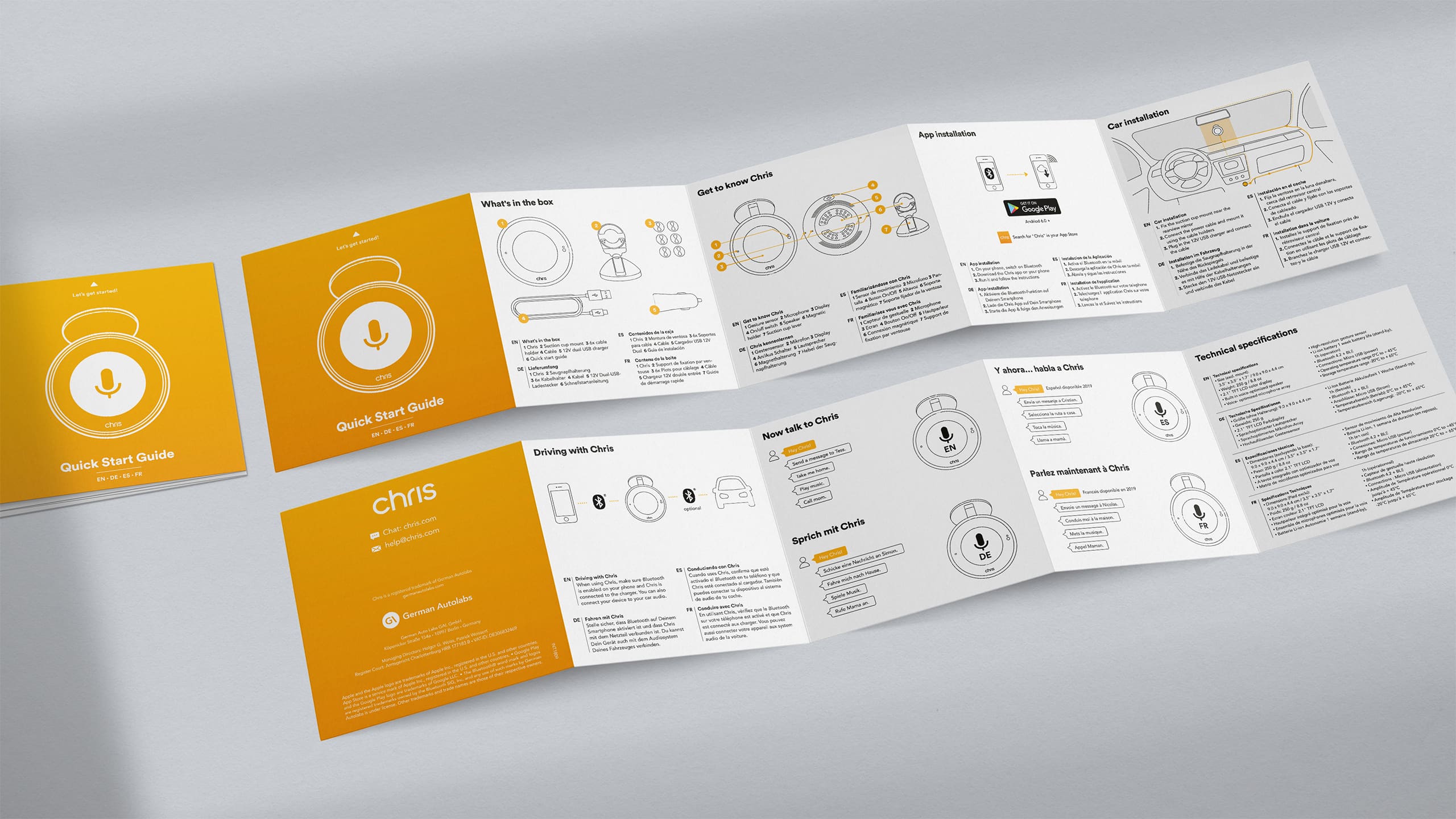 the Quick Start Guide design shown as a folded leporello and opened leporello